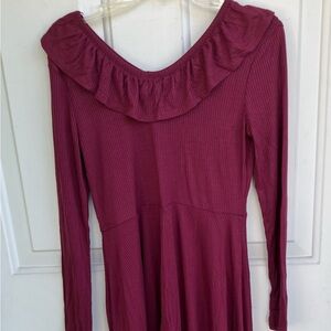 Girls Burgundy Long Sleeve Dress with Ruffled Scoop Neckline size L 10/12